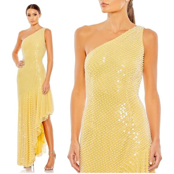 MAC DUGGAL Imitation Pearl One-Shoulder Asymmetric Gown in Yellow Size US 6 - Picture 1 of 8